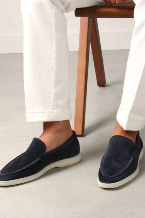 Navy Blue Suede Athena Yatch Loafers with White Soles