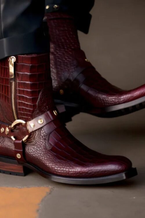 Burgundy Brown Crocodile Print Leather Dewton Slip On Harness Zipper Boots for Men