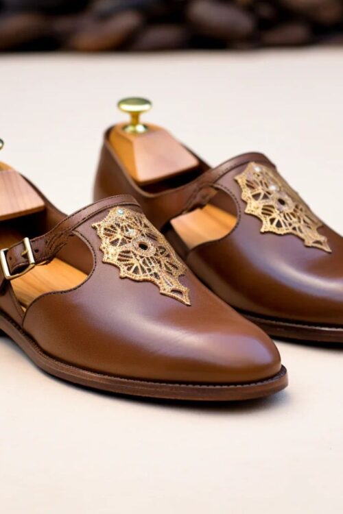 Brown Leather Embroidery Work Peshawari Loafers
